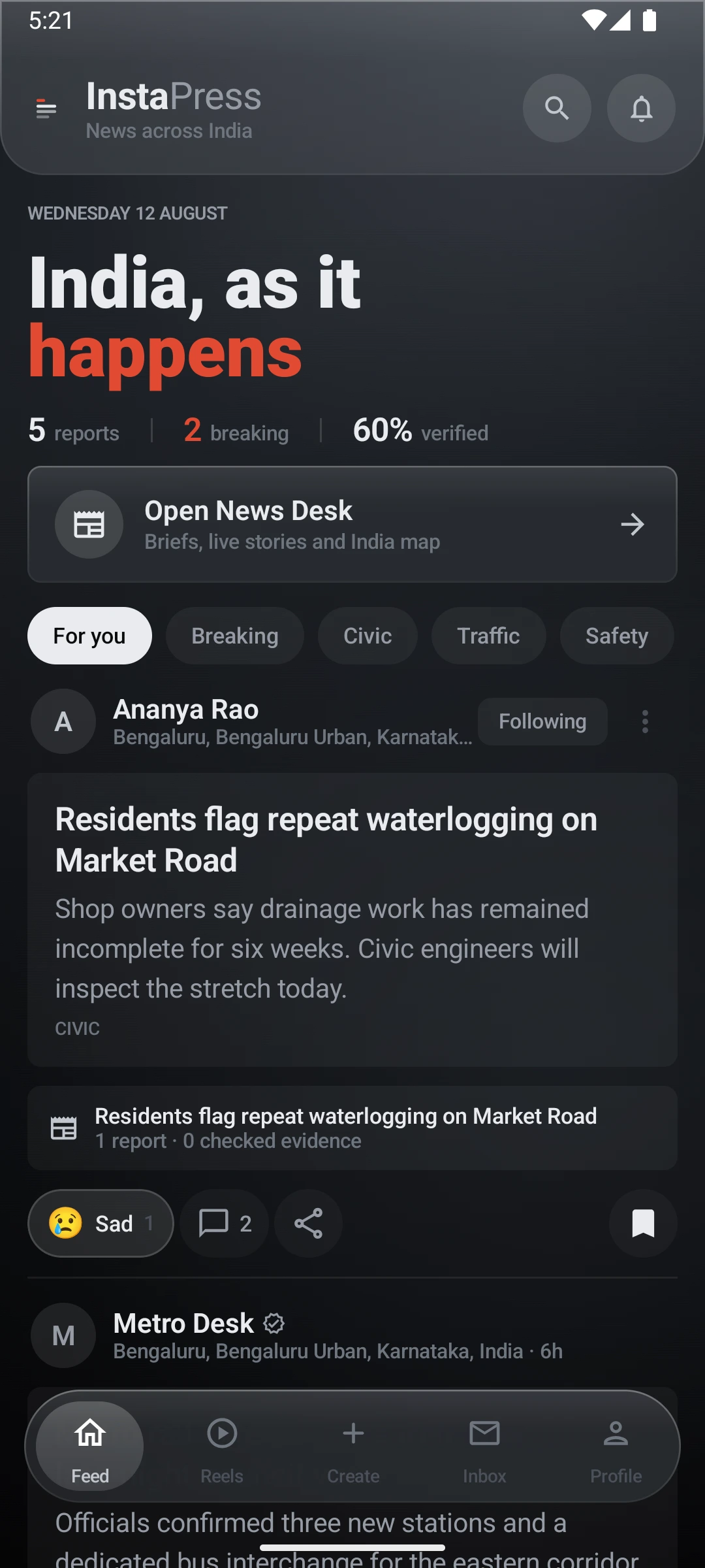 InstaPress Android feed showing India-wide reports, breaking news and the Open News Desk